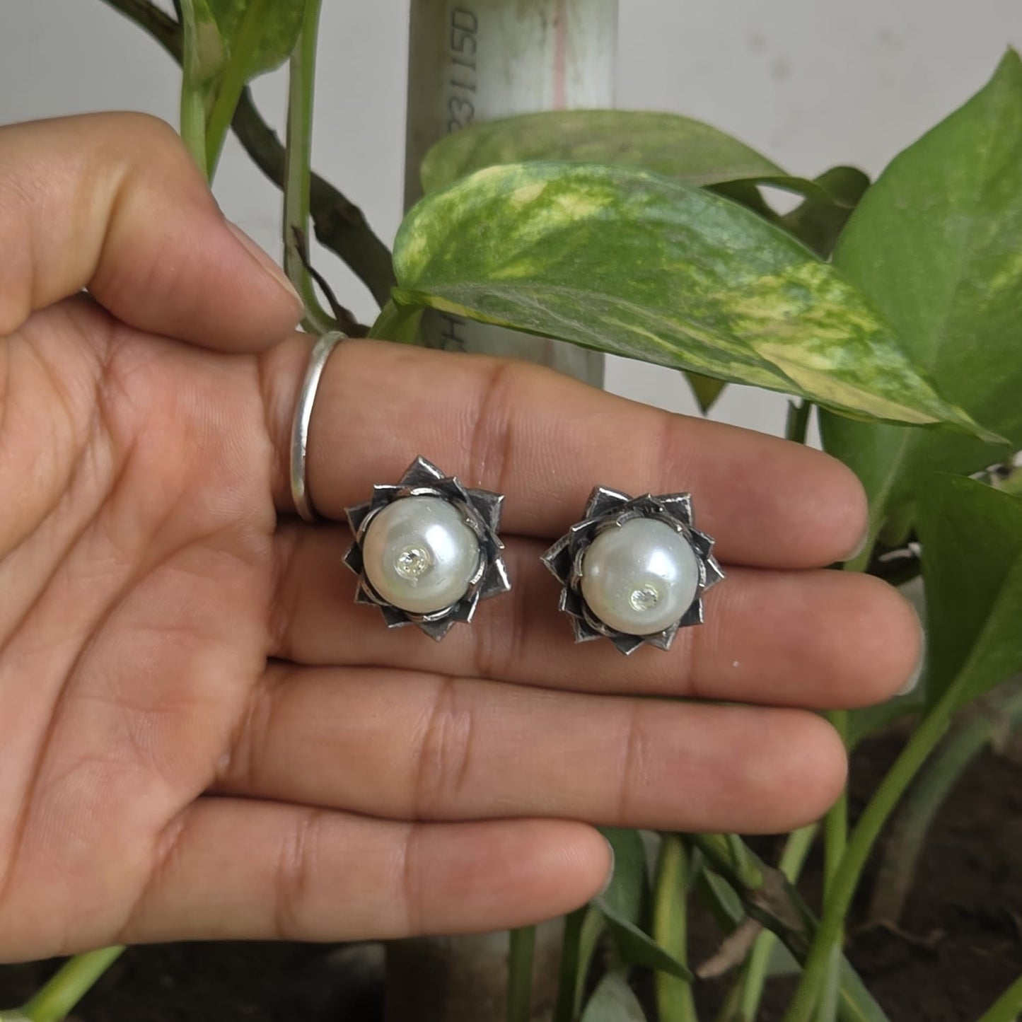 Naari Jewels Oxidized German Silver Classic Charm Pearl Studs Earrings