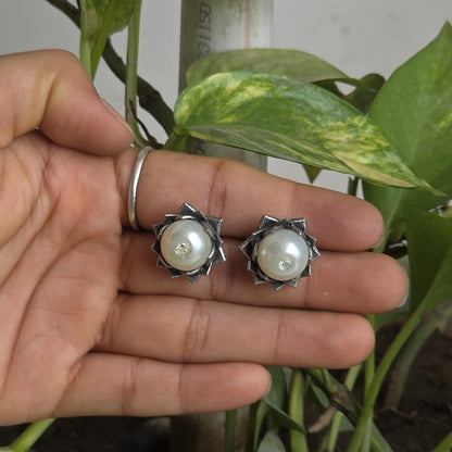 Naari Jewels Oxidized German Silver Classic Charm Pearl Studs Earrings