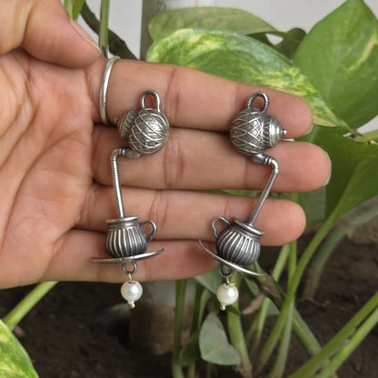 Naari Jewels Oxidized German Silver Tea Pour Kettle to Cup Drop Brass Earrings