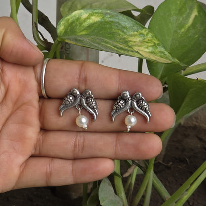 Naari Jewels Oxidized German Silver Twin Bird Pearl Drop Brass Earrings for Women