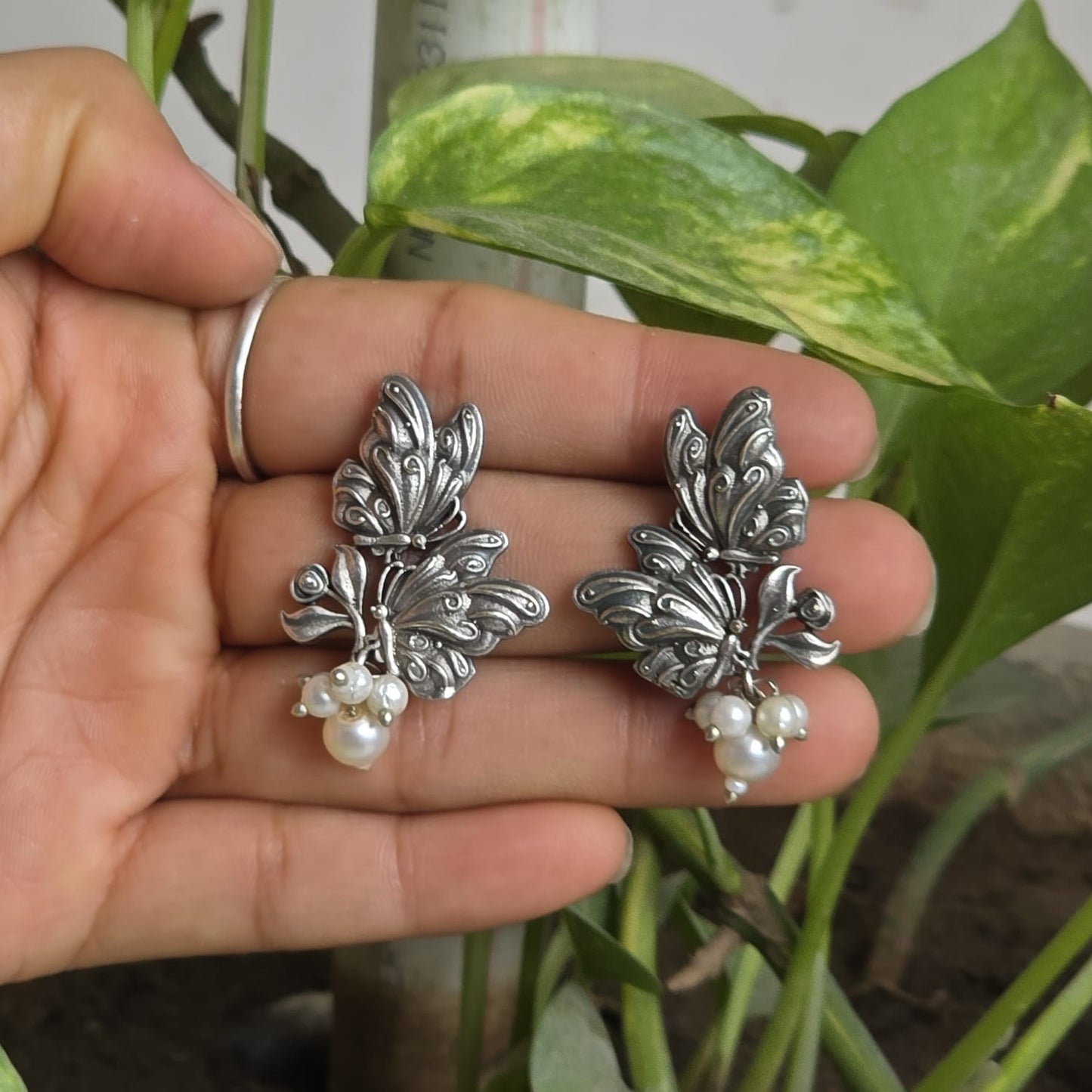 Naari Jewels Oxidized Brass Dwi Paksha Pearl Earrings for Women | Ethnic Traditional Statement Jewellery