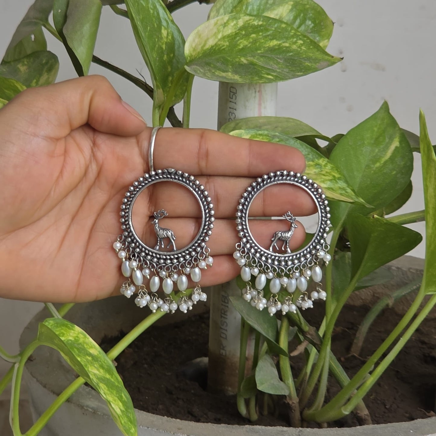 Naari Jewels Oxidized German Silver Deer Mriga Circle Beads Drops Brass Earrings | Ethnic Boho Statement Jewellery for Women