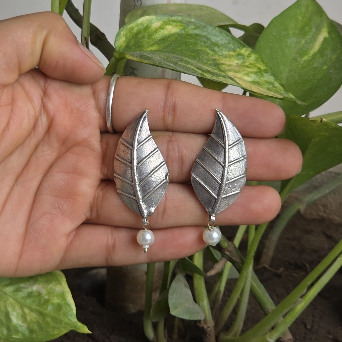 Naari Jewels Oxidized German Silver Leaf Earrings with Pearl Drop | Elegant Ethnic & Indo-Western Jewelry for Women