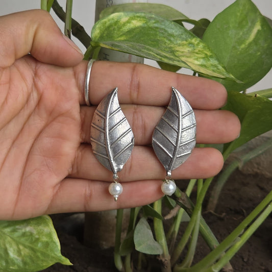 Naari Jewels Oxidized German Silver Leaf Earrings with Pearl Drop | Elegant Ethnic & Indo-Western Jewelry for Women