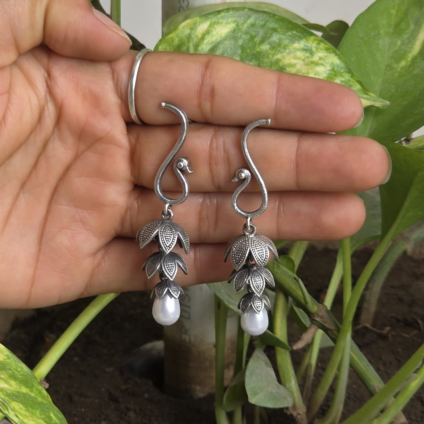Naari Jewels Oxidized German Silver Peacock Floral 3-Layer Jhumka with Pearl Drops Earring