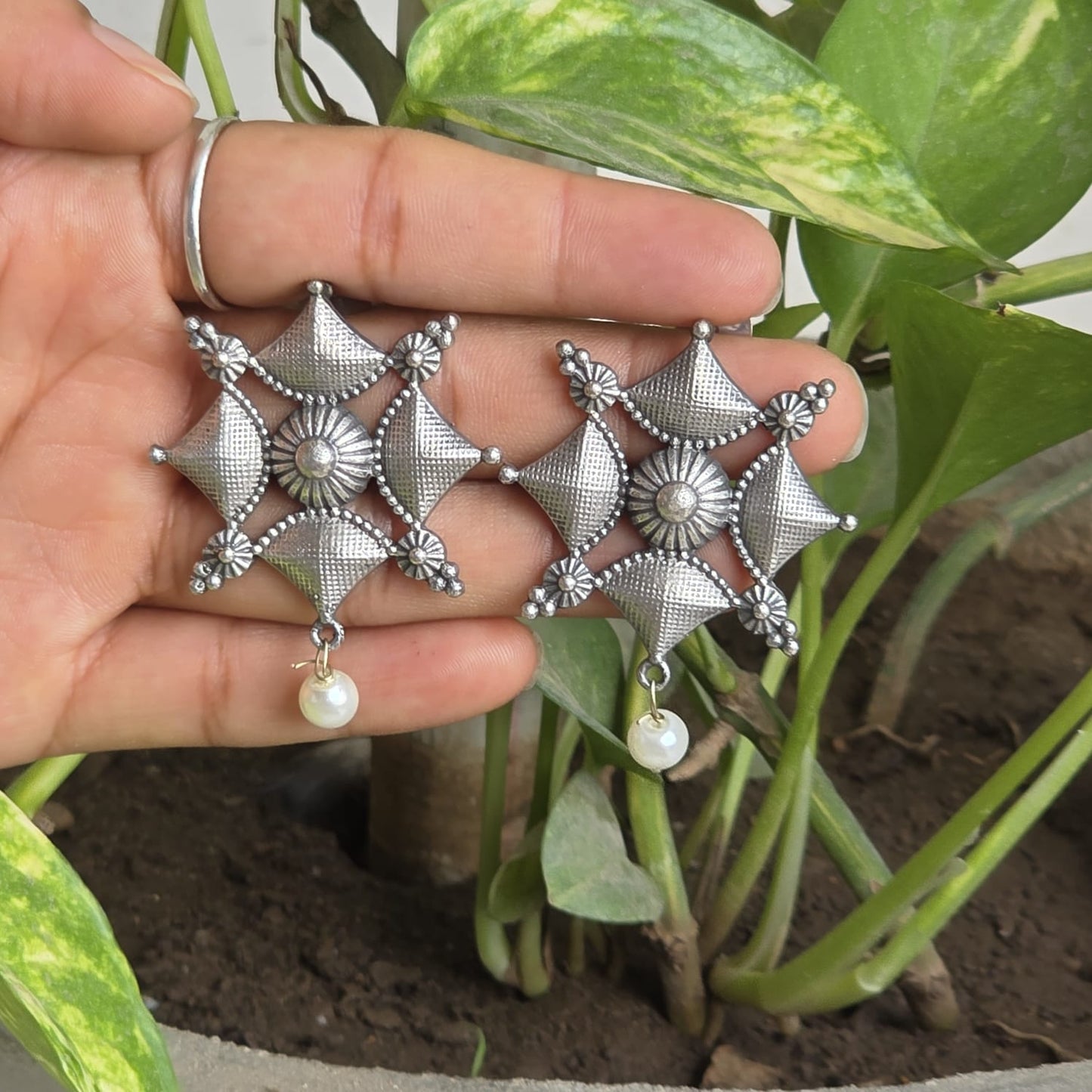 Naari Jewels Oxidized German Silver Viraasat Square Mandala Pearl Drop Earrings