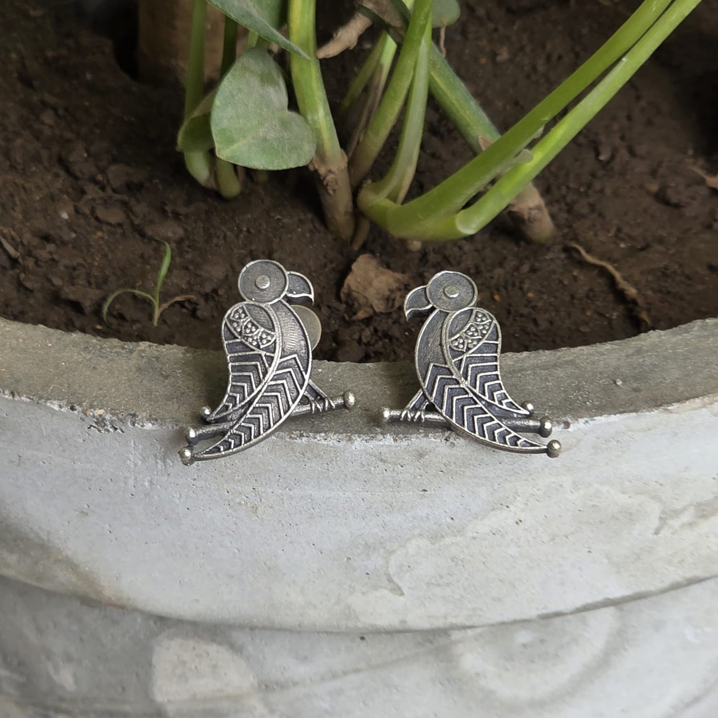 Naari Jewels Oxidized German Silver Parrot Design Stud Bird Brass Earrings for Women