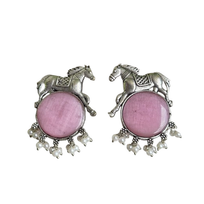 Naari Jewels Oxidized Germen Silver Horse Design with Pink Monalisa Stone | Ethnic Earring jewelry for Women