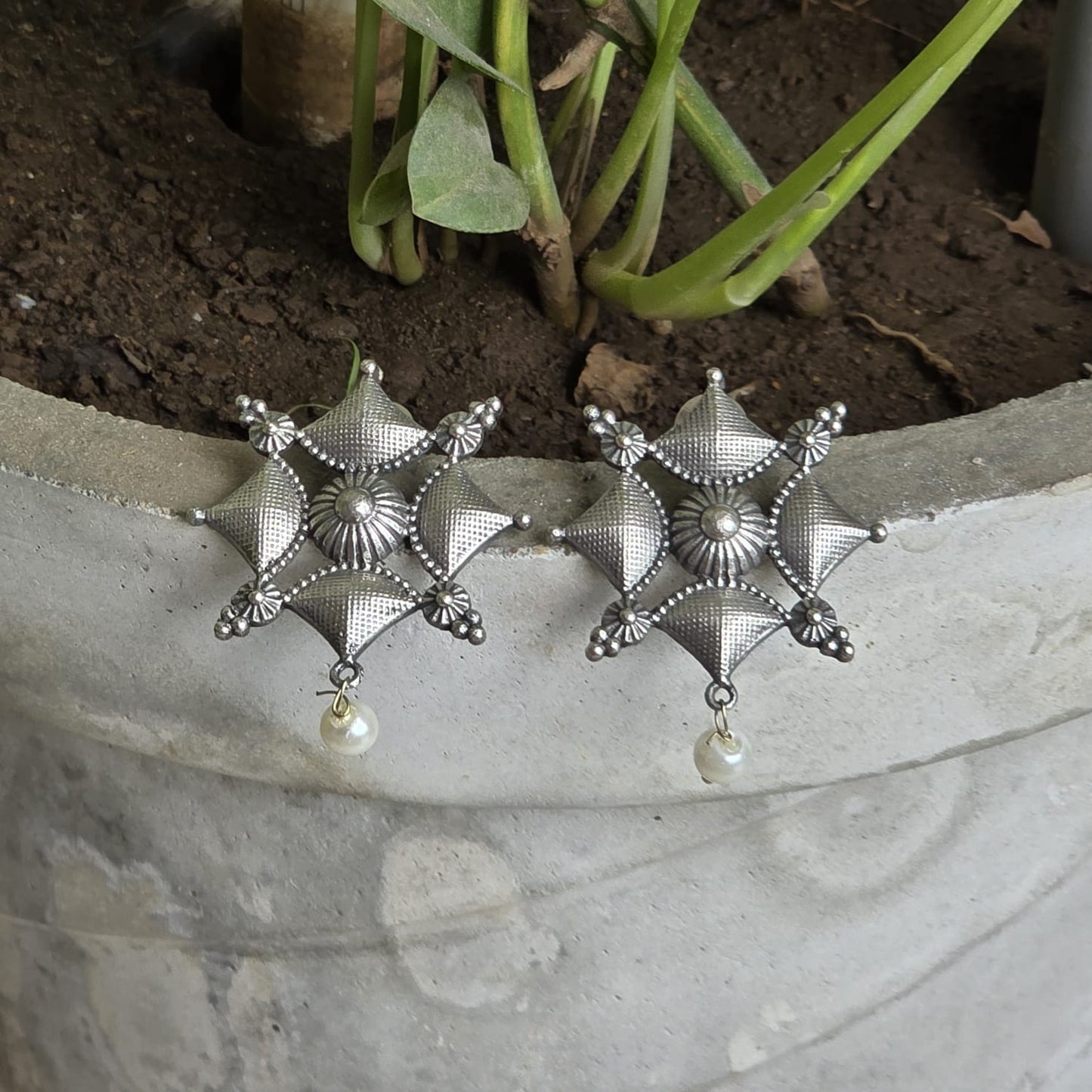 Naari Jewels Oxidized German Silver Viraasat Square Mandala Pearl Drop Earrings