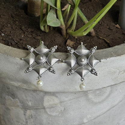 Naari Jewels Oxidized German Silver Viraasat Square Mandala Pearl Drop Earrings