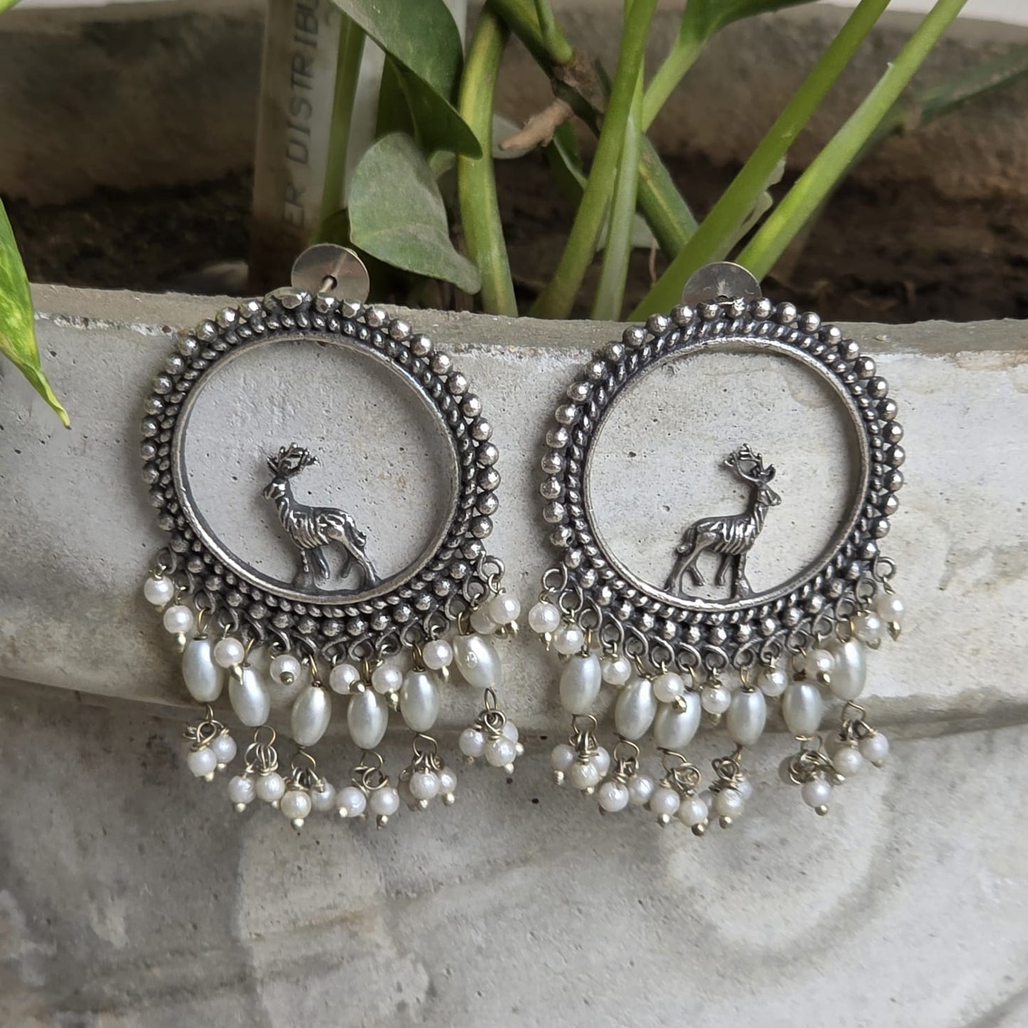 Naari Jewels Oxidized German Silver Deer Mriga Circle Beads Drops Brass Earrings | Ethnic Boho Statement Jewellery for Women