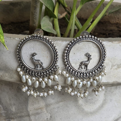 Naari Jewels Oxidized German Silver Deer Mriga Circle Beads Drops Brass Earrings | Ethnic Boho Statement Jewellery for Women