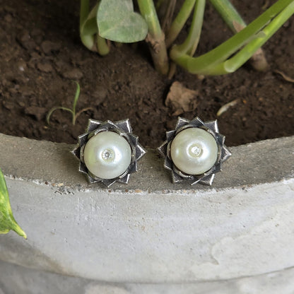 Naari Jewels Oxidized German Silver Classic Charm Pearl Studs Earrings