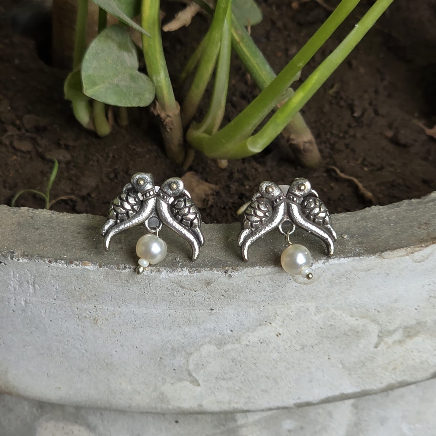 Naari Jewels Oxidized German Silver Twin Bird Pearl Drop Brass Earrings for Women