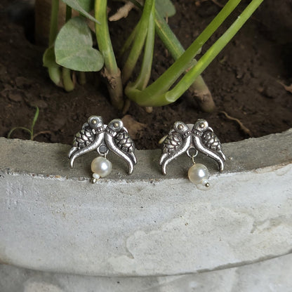Naari Jewels Oxidized German Silver Twin Bird Pearl Drop Brass Earrings for Women