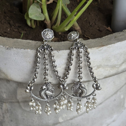 Naari Jewels Oxidized German Silver Triveni Mor Pearl Chandbali Chain Earrings