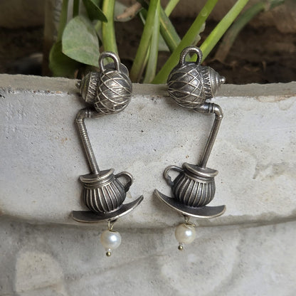 Naari Jewels Oxidized German Silver Tea Pour Kettle to Cup Drop Brass Earrings