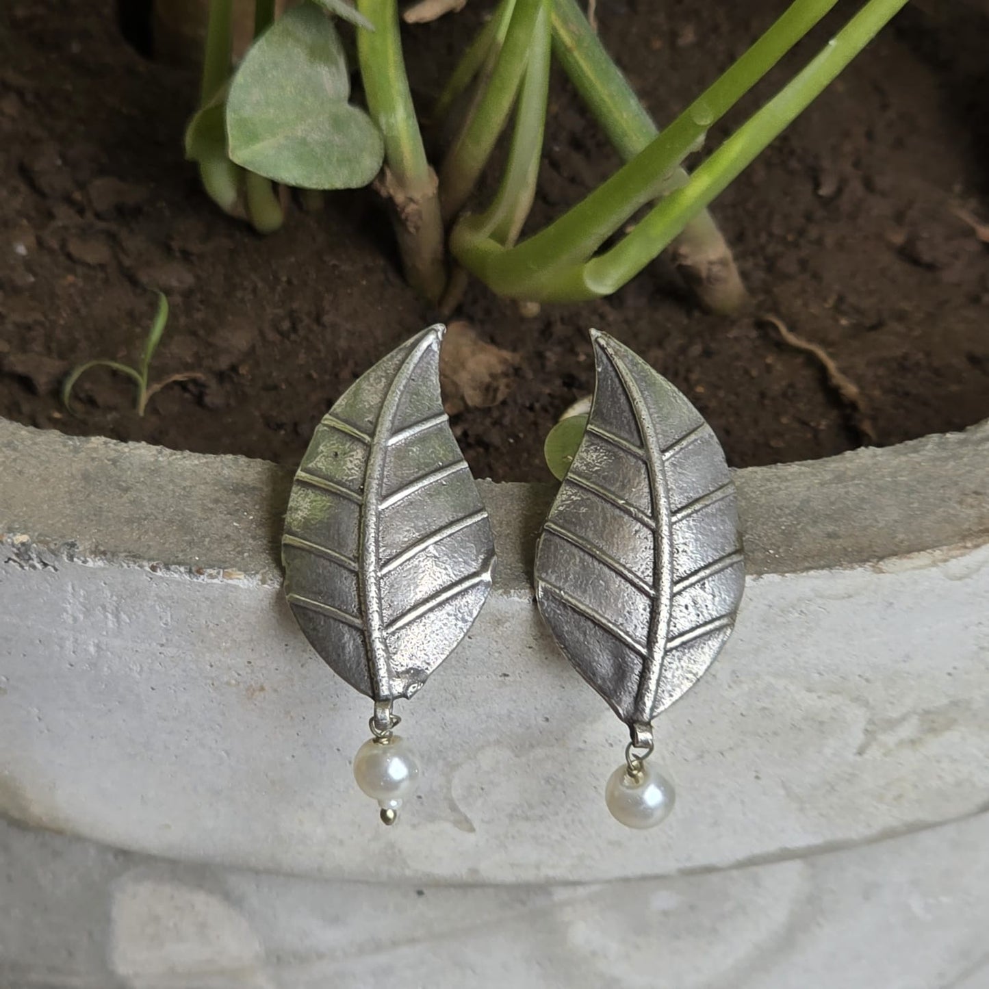 Naari Jewels Oxidized German Silver Leaf Earrings with Pearl Drop | Elegant Ethnic & Indo-Western Jewelry for Women