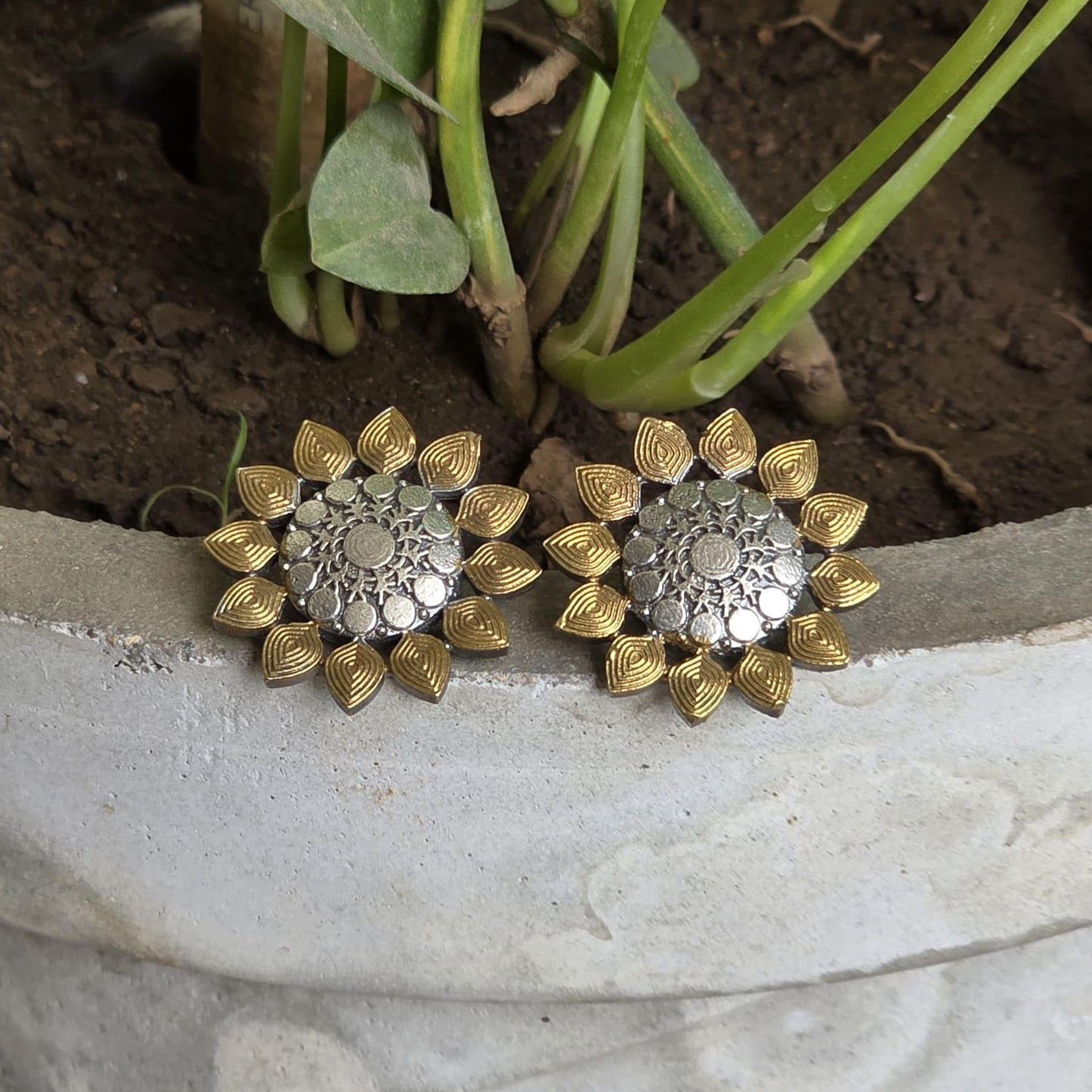 Naari Jewels Oxidized German Silver Sunflower Stud Earrings for Women