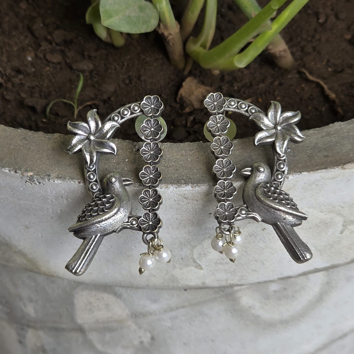 Naari Jewels Oxidized German Silver Nisarga Bird Arch Earrings
