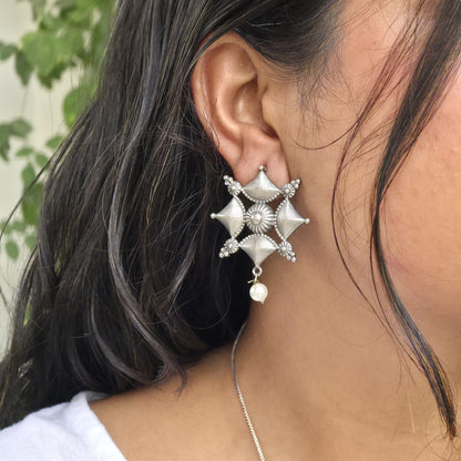 Naari Jewels Oxidized German Silver Viraasat Square Mandala Pearl Drop Earrings