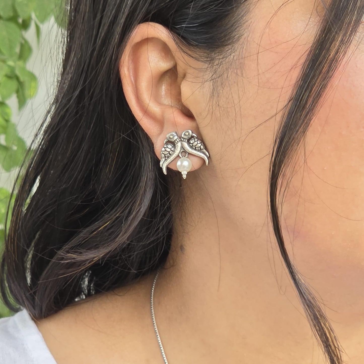 Naari Jewels Oxidized German Silver Twin Bird Pearl Drop Brass Earrings for Women