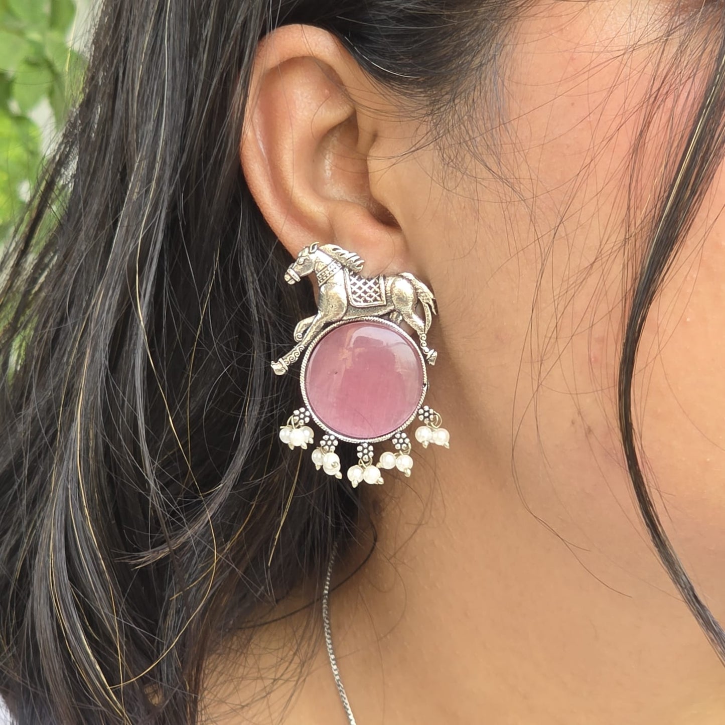 Naari Jewels Oxidized Germen Silver Horse Design with Pink Monalisa Stone | Ethnic Earring jewelry for Women