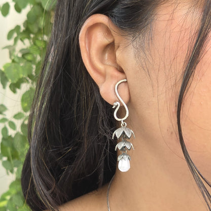 Naari Jewels Oxidized German Silver Peacock Floral 3-Layer Jhumka with Pearl Drops Earring