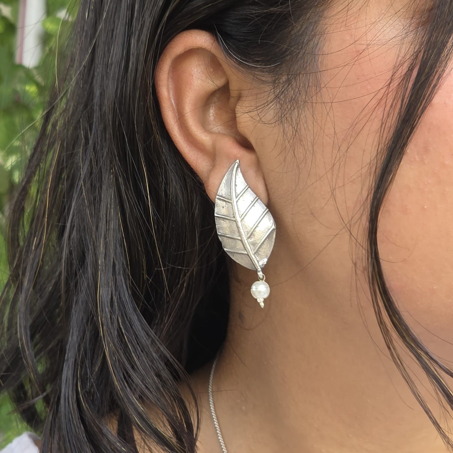 Naari Jewels Oxidized German Silver Leaf Earrings with Pearl Drop | Elegant Ethnic & Indo-Western Jewelry for Women