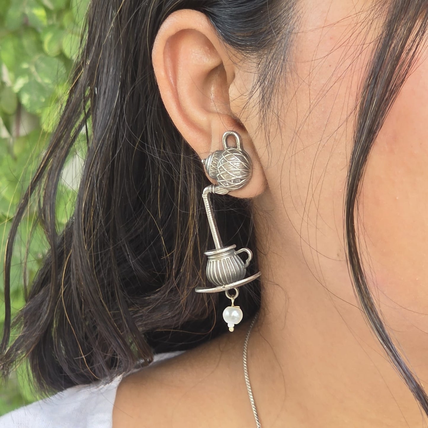 Naari Jewels Oxidized German Silver Tea Pour Kettle to Cup Drop Brass Earrings