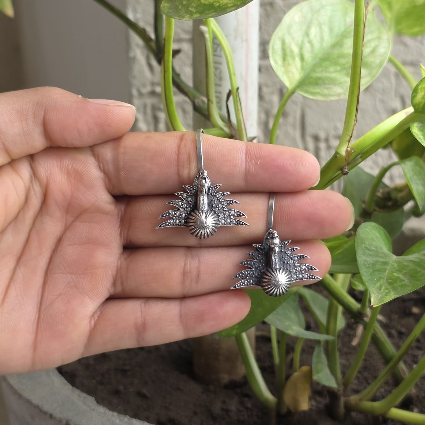 Naari Jewels Oxidized German Silver Peacock Bugadi Earrings for Women | Traditional Ear Cuff Style | Antique Brass Jewellery
