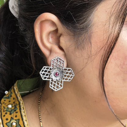 Naari Jewels Oxidized German Silver Vintage Bloom Grid Design Stud Brass Earrings | Ethnic Statement Jewelry for Women