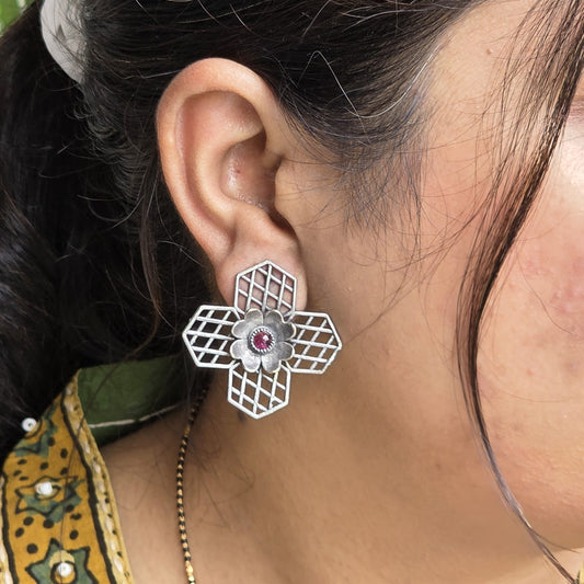 Naari Jewels Oxidized German Silver Vintage Bloom Grid Design Stud Brass Earrings | Ethnic Statement Jewelry for Women