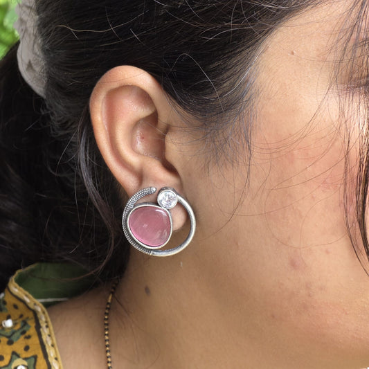 Naari Jewels Celeste Loop Oxidised Stud Earrings | Pink Stone Halo Design | Elegant German Silver Jewellery