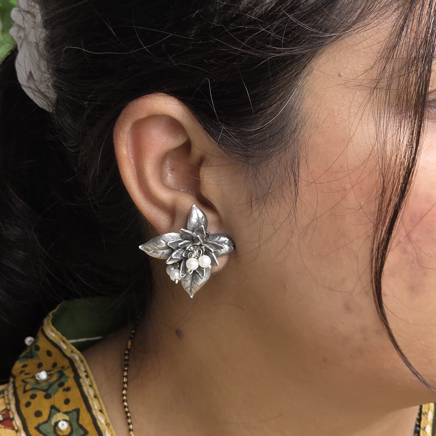 Naari Jewels Oxidized German Silver Floral Stud Brass Earrings with Pearl Drops | Elegant Ethnic Flower Design for Women