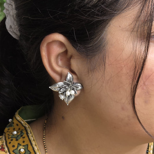 Naari Jewels Oxidized German Silver Floral Stud Brass Earrings with Pearl Drops | Elegant Ethnic Flower Design for Women