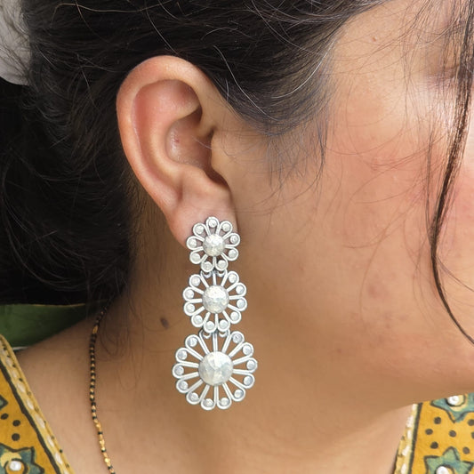 Naari Jewels Oxidised German Silver Triple Layer Floral Dangler Brass Earrings for Women
