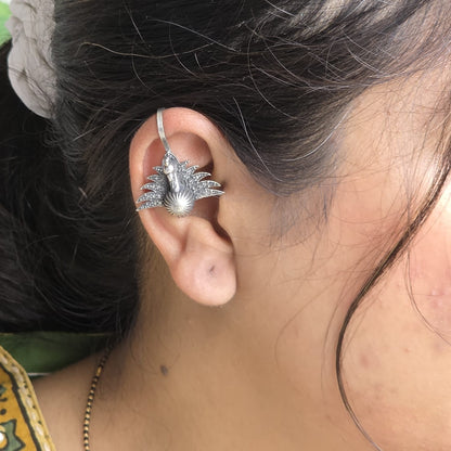 Naari Jewels Oxidized German Silver Peacock Bugadi Earrings for Women | Traditional Ear Cuff Style | Antique Brass Jewellery