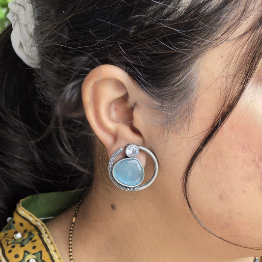 Naari Jewels Celeste Loop Oxidised Stud Earrings | Blue Stone Halo Design | Elegant German Silver Jewellery