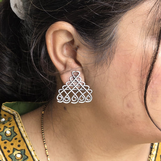 Naari Jewels Oxidized German Silver Geometric Filigree Stud Brass Earrings | Ethnic Statement Jewelry for Women