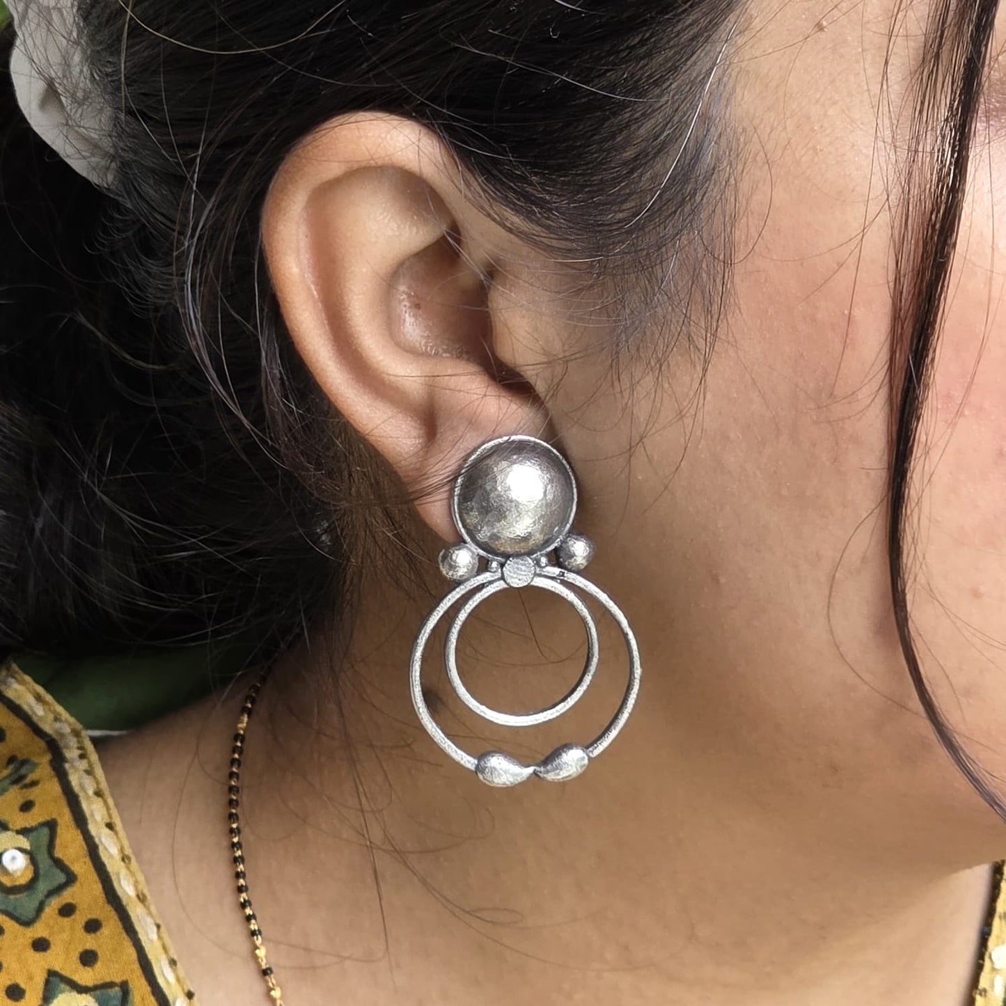 Naari Jewels Oxidized German Silver Tribal Double Circle Boho Brass Earrings for Women | Antique Ethnic Brass Jewellery