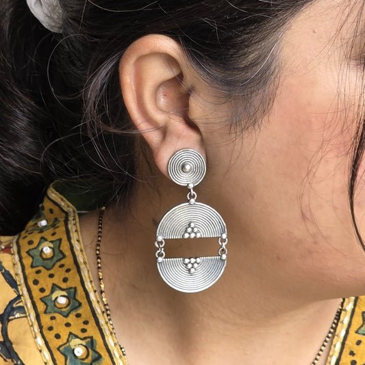 Naari Jewels Oxidized Germen Silver Geometric Drop Brass Earrings for Women | Circular Tribal Statement Dangle Earrings | Ethnic Boho Jewelry
