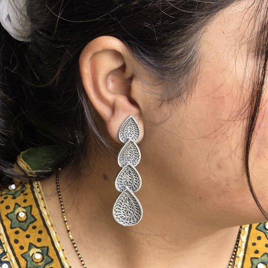 Naari Jewels Oxidized German Silver Multi-Layer Leaf Drop Brass Earrings for Women | Antique Ethnic Dangler | Statement Brass Jewellery