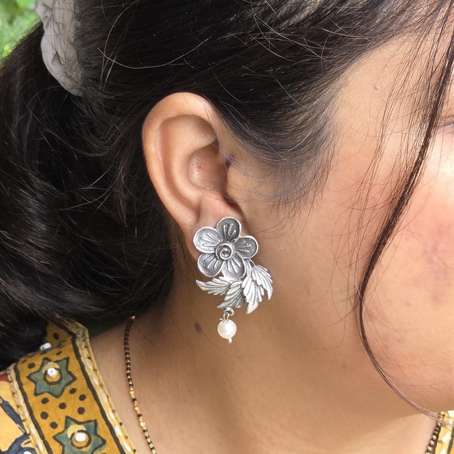 Naari Jewels Oxidised Germen Silver Flower Brass Earrings with Leaf Pattern and Pearl Drop | Ethnic Jewellery for Women