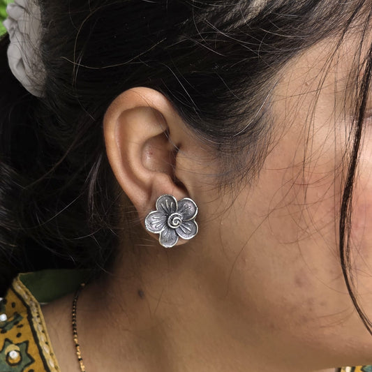Naari Jewels Oxidized German Silver Rustic Flower Stud Brass Earrings | Ethnic Statement Jewelry for Women
