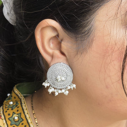 Naari Jewels Oxidized German Silver Chandrika Pearl Halo Stud Brass Earrings | Ethnic Statement Jewelry for Women