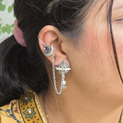 Naari Jewels Oxidised Floral Half Moon Design Ear Cuff With Chain Earring for Women| Ethnic German Silver Brass Jewellery