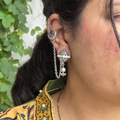 Naari Jewels Oxidised Floral Half Moon Design Ear Cuff With Chain Earring for Women| Ethnic German Silver Brass Jewellery