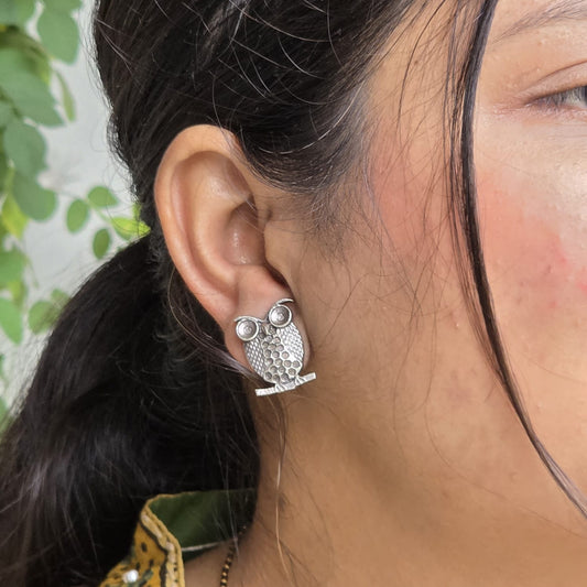 Naari Jewels Owl-Inspired Unique Stud Earrings | Cute Bird German Silver Statement Jewelry for Women
