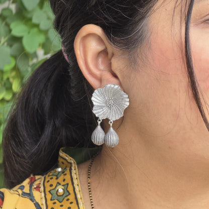 Naari Jewels Flower Bloom Oxidised German Silver Earrings | Floral Statement Drop Brass Earrings for Women